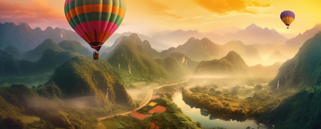 A hot air balloon flies over a mountain range.