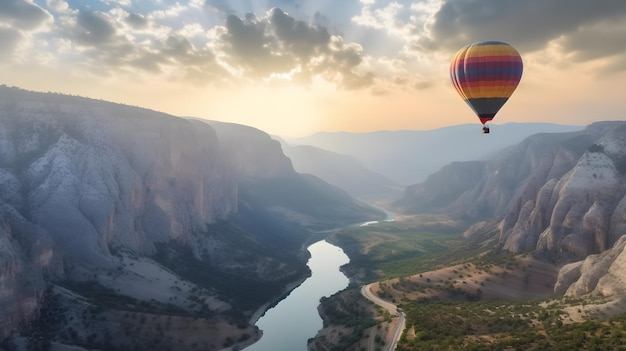 A hot air balloon flies over a river in turkey.