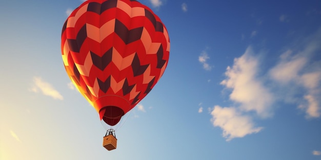 A hot air balloon flies in the sky with a blue sky in the background.