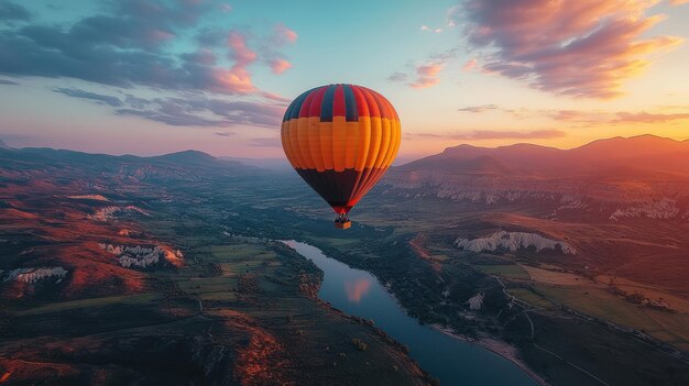 Photo hot air balloon flight over majestic mountains at sunset