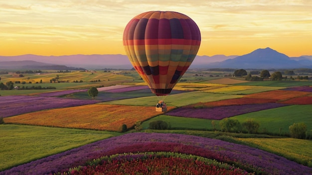 Hot Air Balloon Floating Over Fields