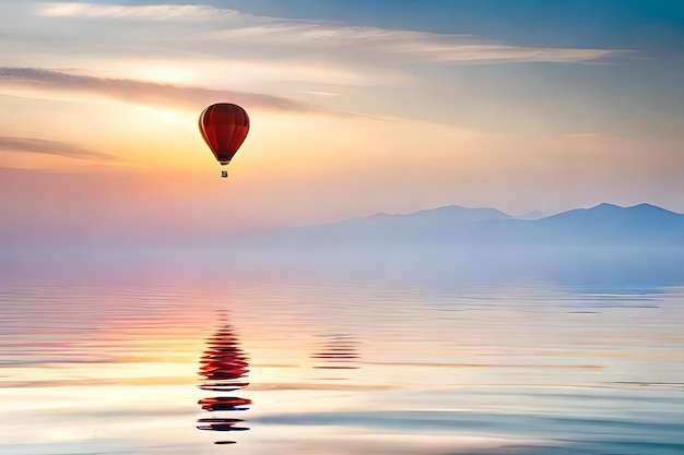 A hot air balloon floating in the water with mountains in the background