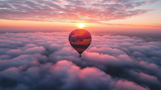 A hot air balloon floats above a sea of clouds with the sun setting in the background creating a mag