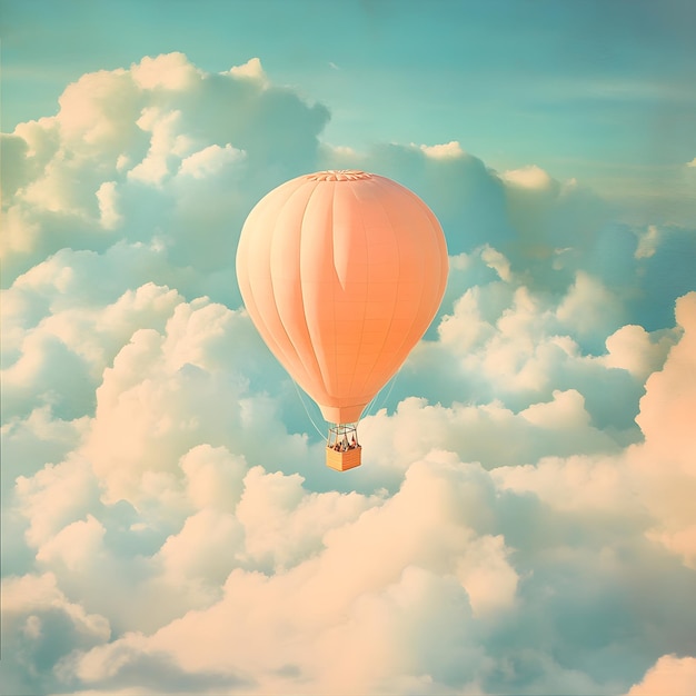 Hot air balloon flying in the blue sky with clouds Vintage style