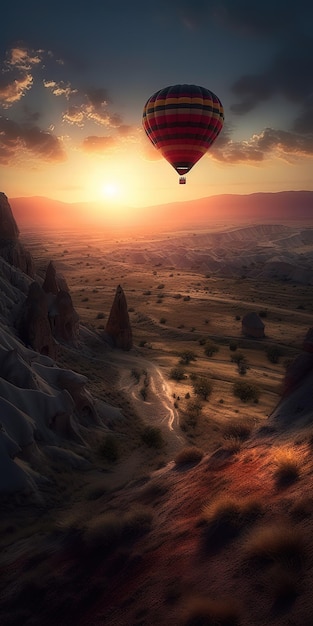 A hot air balloon flying over a desert landscape