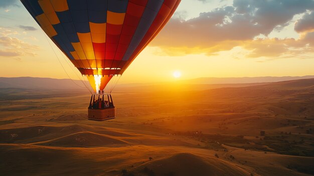 Photo hot air balloon flying over the desert at sunset