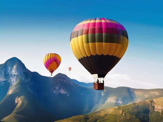 Hot air balloon flying over mountain an adventurous landscape