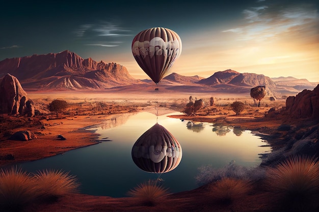 Hot air balloon flying over mountain landscape generative AI