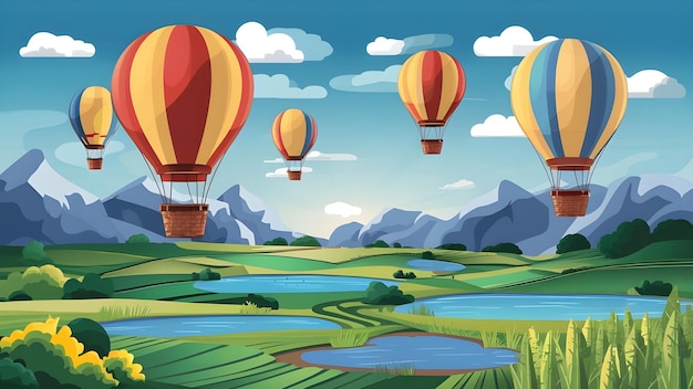 Hot air balloon flying over the mountains Vector illustration of a fantasy landscape