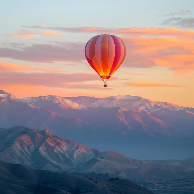 a hot air balloon flying over mountains with mountains in the background