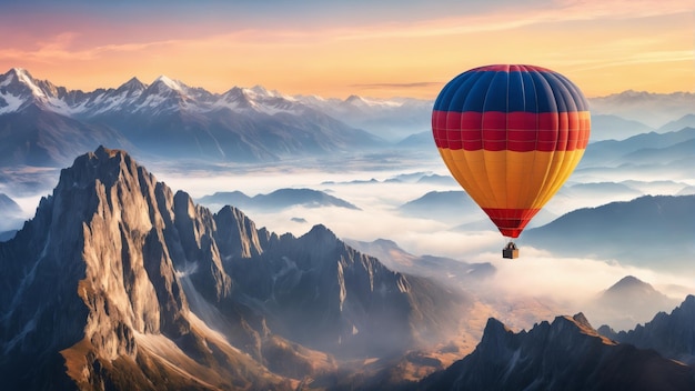 Hot air balloon flying over mountains