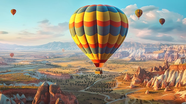 Hot air balloon flying over rock landscape at Cappadocia Turkey Generative ai