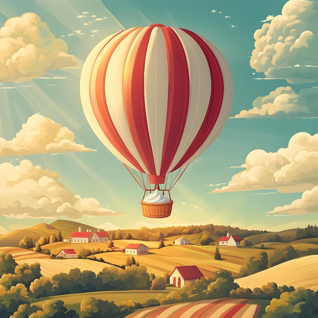 A hot air balloon flying over a rural village