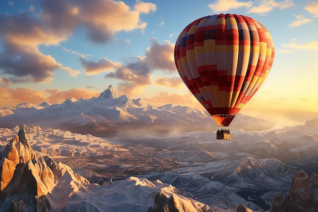 Hot Air Balloon Flying Over Snowy Hills for Winter Vacation in Cappadocia Turkey