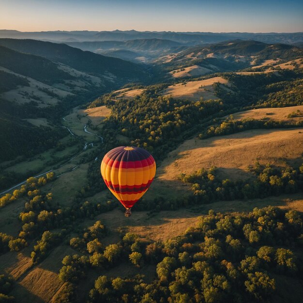 a hot air balloon flying over a valley with mountains in the background