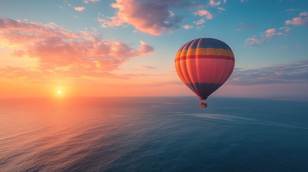 A hot air balloon gliding over the ocean at sunset