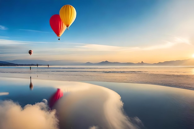 A hot air balloon is flying over the beach.