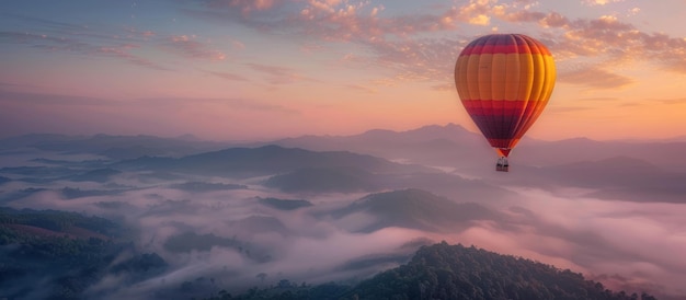 Photo a hot air balloon is flying over a foggy landscape the sky is orange and pink and the clouds are white the scene is peaceful and serene with the hot air balloon being the only object in the sky