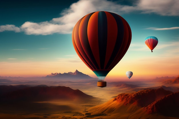 A hot air balloon is flying over a mountain and the sky is blue and red.