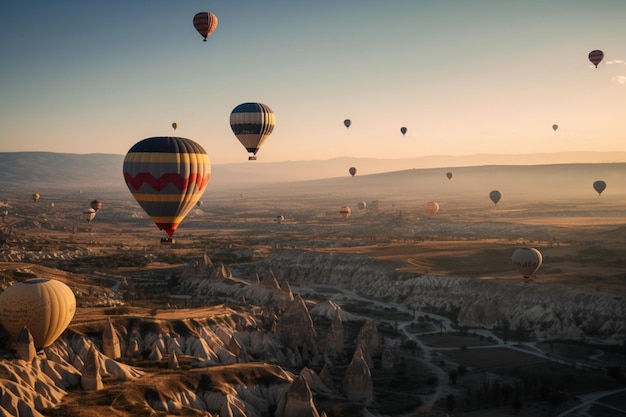 A hot air balloon is flying over a valley of cappadocia.