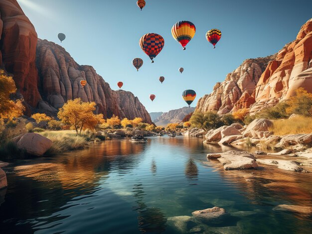 Hot air balloon in the mountains over the water Generative AI