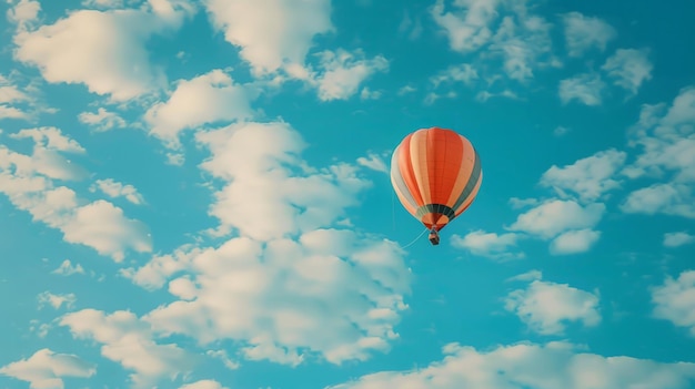 Hot Air Balloon Ride in blue sky white clouds background for wide banner of travel agency or adventure tour