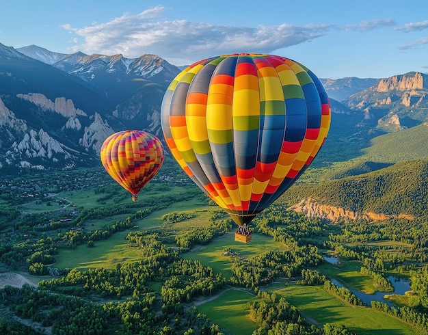 A hot air balloon ride showcases vibrant balloons soaring over the Colorado mountains near Estes Park revealing breathtaking views of green valleys