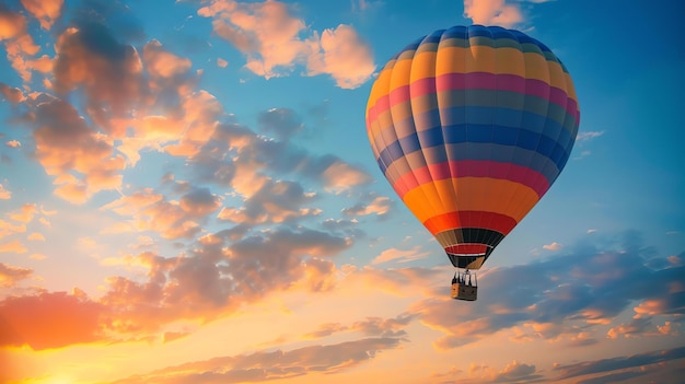 Hot air balloon ride at sunset The balloon is flying high in the sky with a beautiful sunset in the background