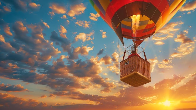 Hot air balloon ride at sunset The balloon is flying high in the sky with a beautiful sunset in the background