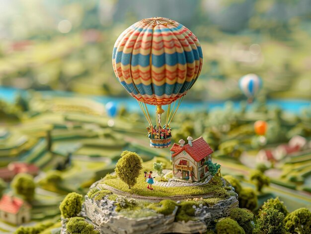 Photo hot air balloon over scenic miniature village