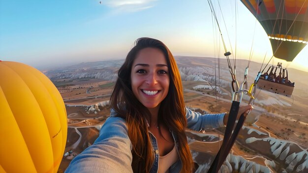 Photo hot air balloon selfie adventure aerial view sunrise landscape