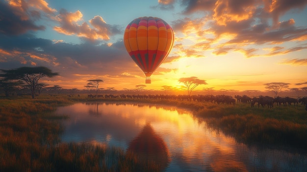 Hot air balloon over a serene landscape at sunset with elephants