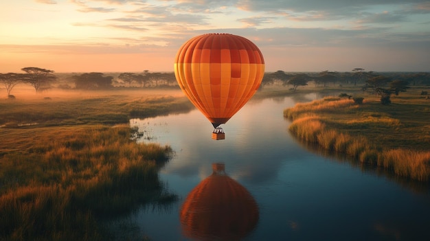 Hot air balloon over a serene river at sunrise