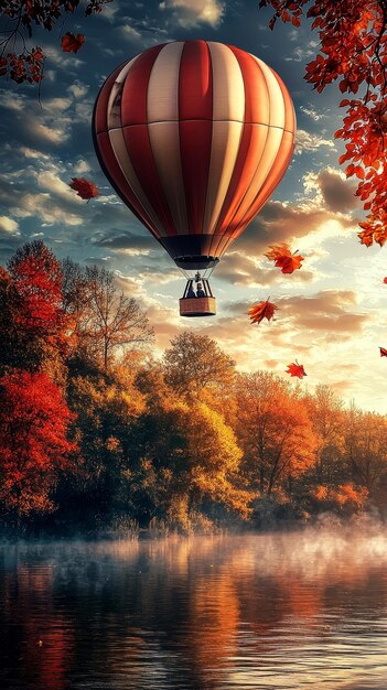 Hot Air Balloon Soaring Over Autumnal Landscape