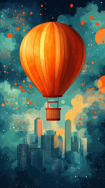 Hot Air Balloon Soaring Above Cityscape