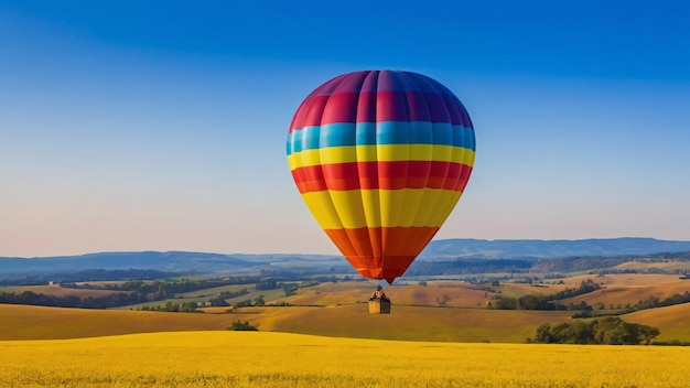 Hot air balloon soaring over fields