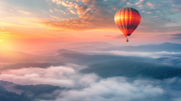 Photo hot air balloon soaring over misty mountains at sunrise