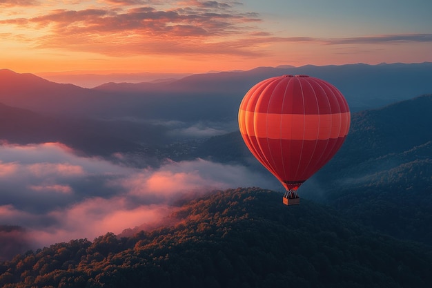 Photo hot air balloon soaring above mountain ranges at sunrise