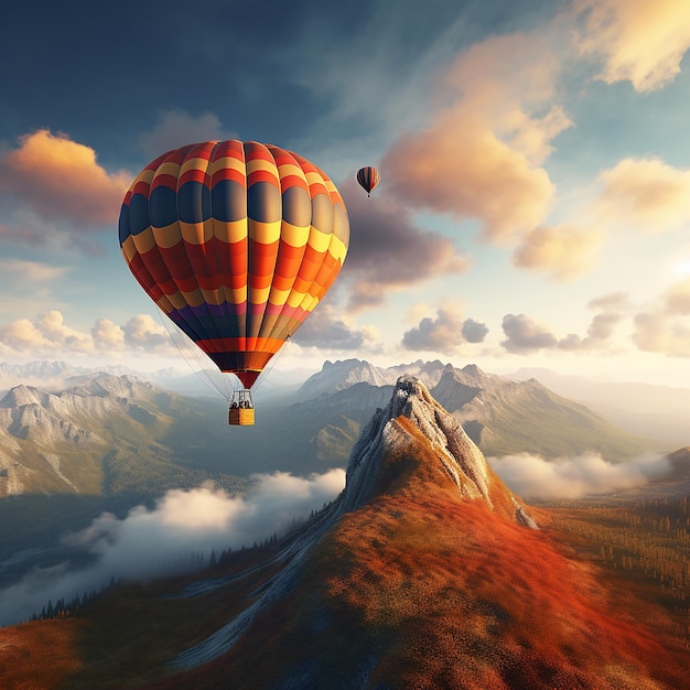 Hot Air Balloon Soaring in the Mountain Sky Long Exposure Photography