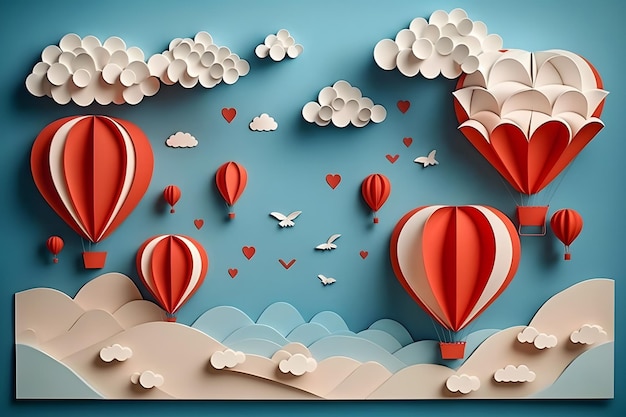 Hot air balloon space elements shapes cut from paper Creative concept for banner landing background designs Neural network AI generated