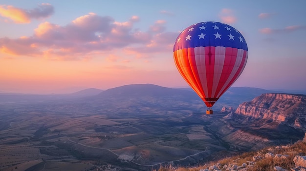 Hot air balloon with American flag design floats over scenic landscape at sunrise Soft light bathes rolling hills and valleys below