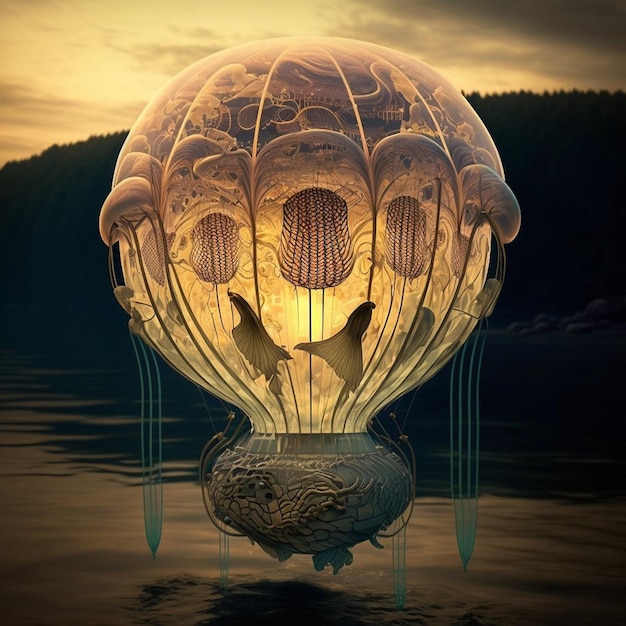 A hot air balloon with a face and a tree on the bottom.