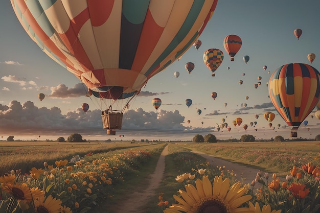 Hot air balloon with full of flowers and butterflies around orange sky in background happy birthday basket balloons