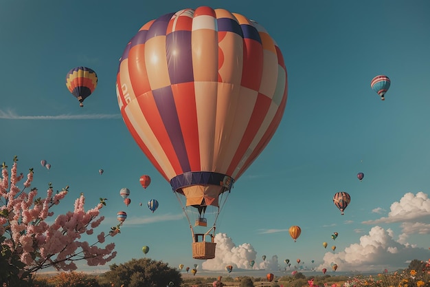 Hot air balloon with full of flowers and butterflies around orange sky in background happy birthday basket balloons