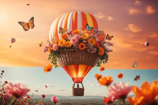 Hot air balloon with full of flowers and butterflies around orange sky in background happy birthday