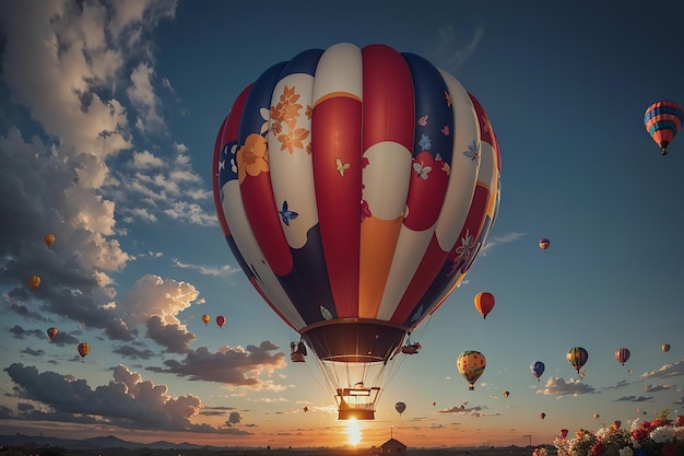 Hot air balloon with full of flowers and butterflies around orange sky in background happy birthday