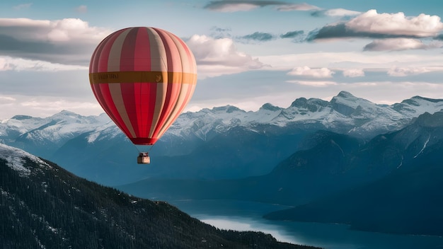 a hot air balloon with a gold stripe is flying over mountains