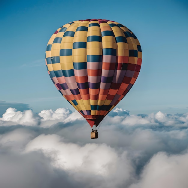 Hot air balloon with multicolored pattern floats above clouds