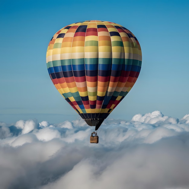 Hot air balloon with multicolored pattern floats above clouds