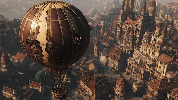 Photo a hot air balloon with ornate details floats above a medieval city